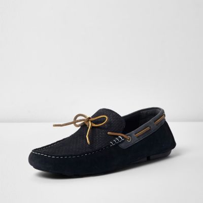 Navy blue mixed suede driver shoes